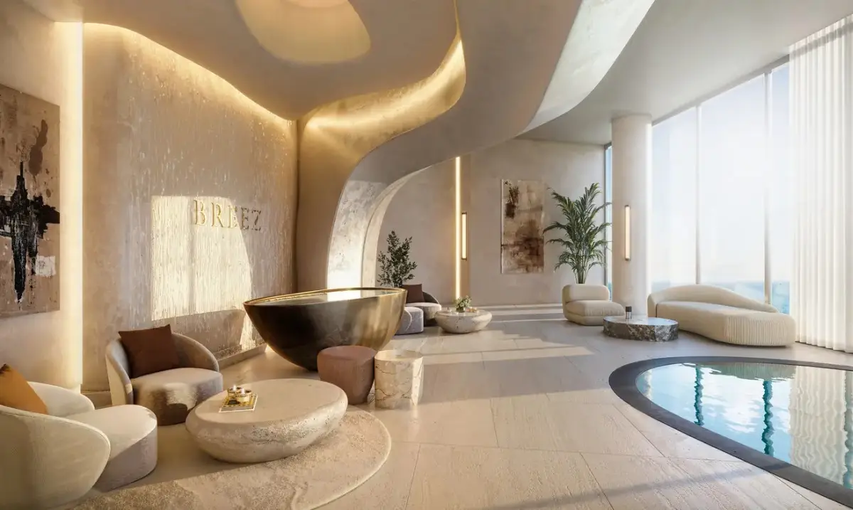 Resort-style amenity lounge with pool