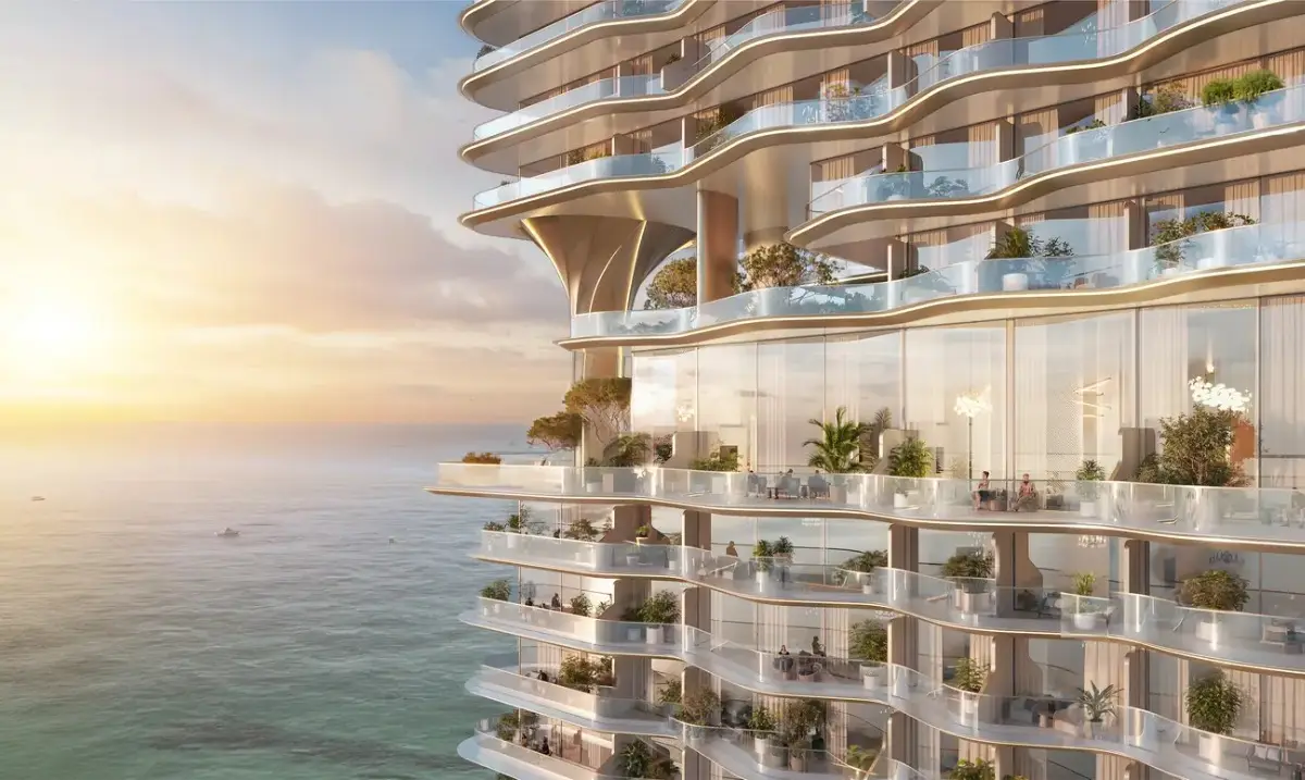 Waterfall atrium at Breez entrance for buy off plan property in Dubai.