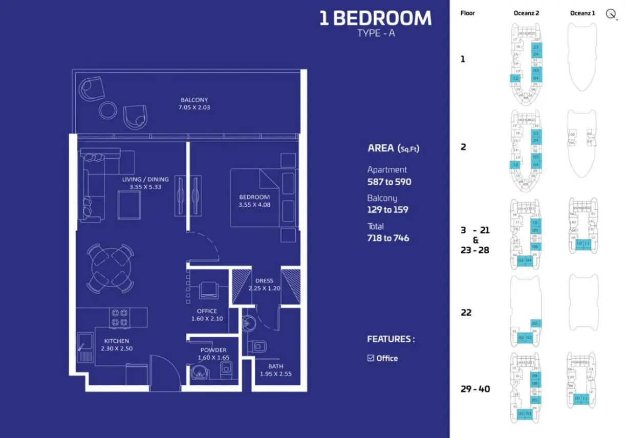Oceanz by Danube 1 Bedroom Type A floor plan
