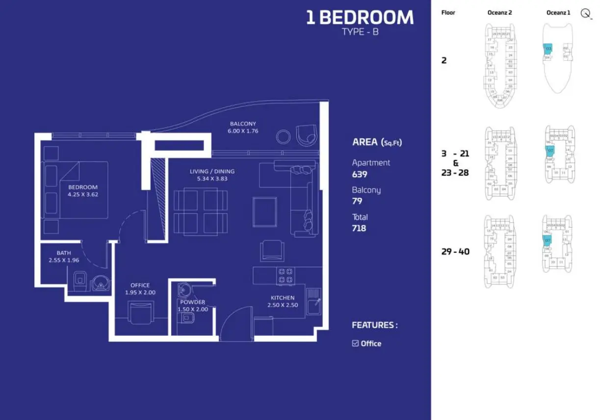 Oceanz by Danube 1 Bedroom Type B floor plan