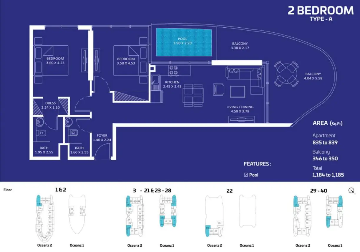 Oceanz by Danube 2 Bedroom Type A floor plan
