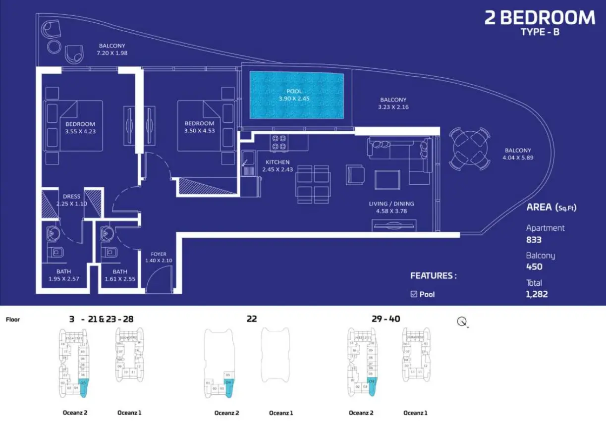 Oceanz by Danube 2 Bedroom Type B floor plan