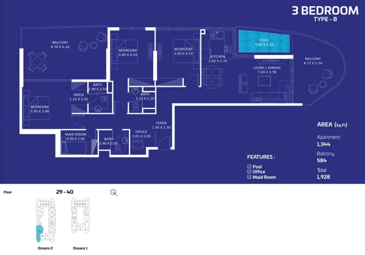 Oceanz by Danube 3 Bedroom Type B floor plan