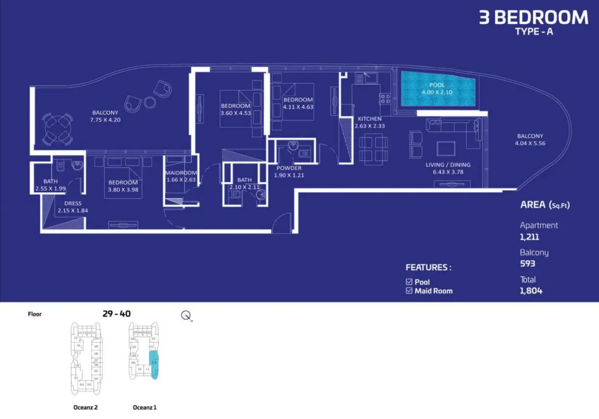Oceanz by Danube 3 Bedroom Type A floor plan