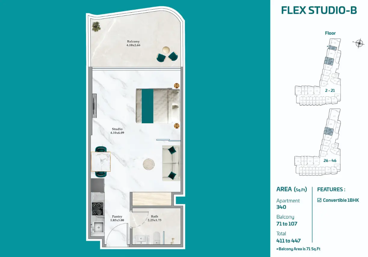 Floor plan of Flex Studio B at Breez by Danube, a 340 sq ft studio that converts to one bedroom