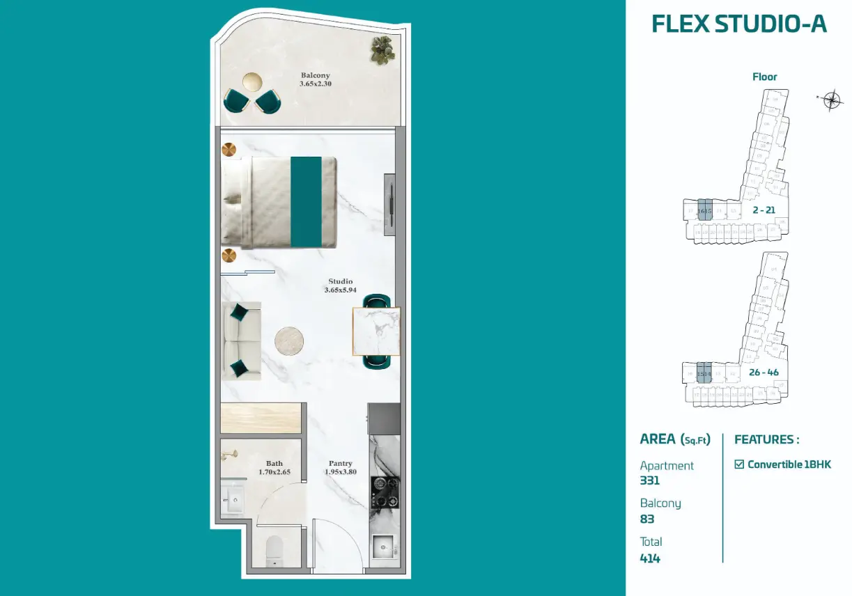 Flex Studio A at Breez by Danube, a 414 sq ft off-plan studio on floors 2 to 21 and 26 to 46