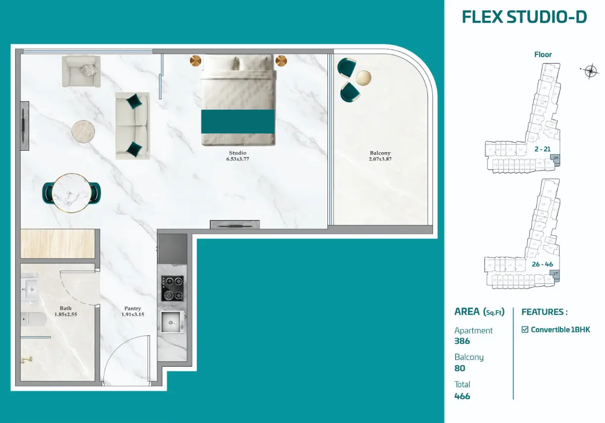 Wide Flex Studio D plan at Breez by Danube with a 386 sq ft interior and side balcony