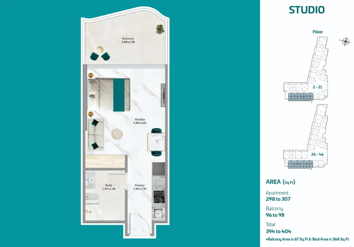 Breez by Danube studio layout with balcony, 368 to 404 sq ft, available on floors 2 to 21 and 26 to 46