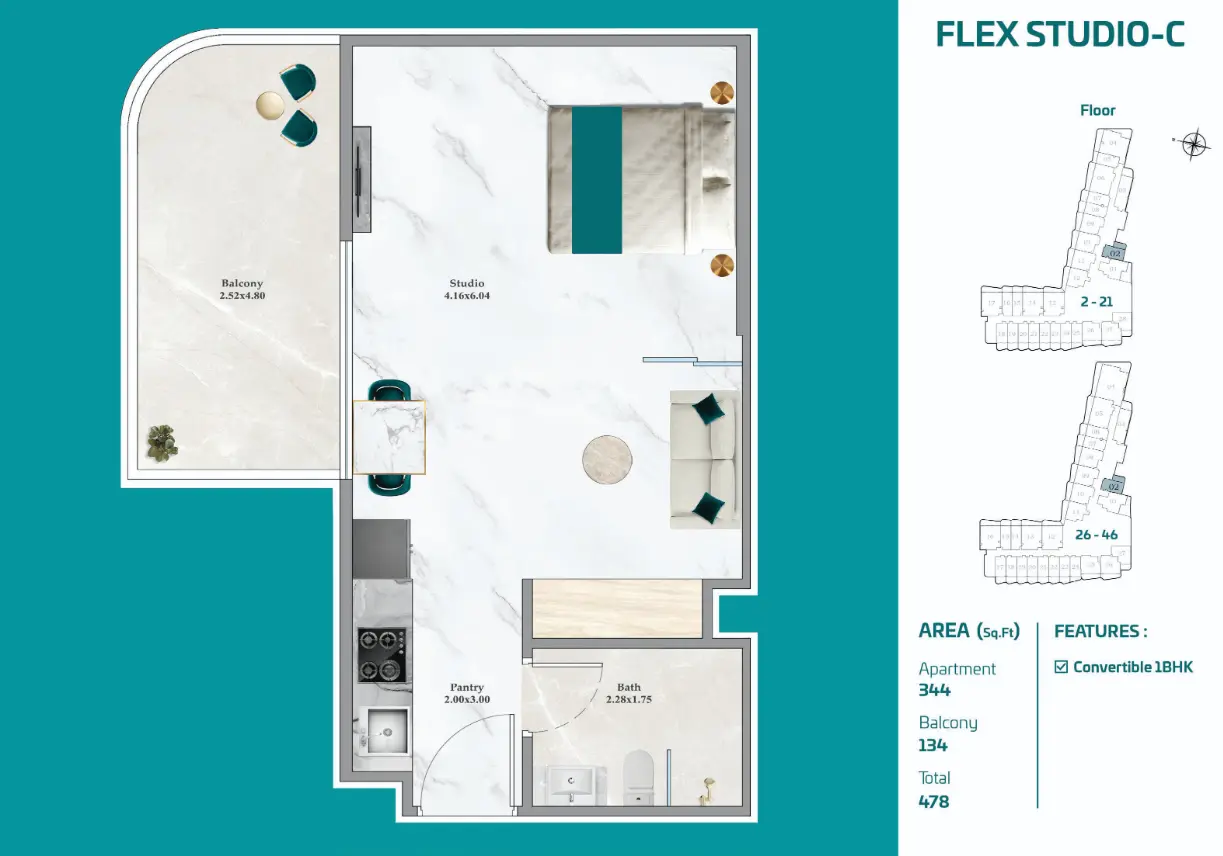 Flex Studio C off-plan apartment at Breez, Dubai Maritime City, with a 134 sq ft balcony