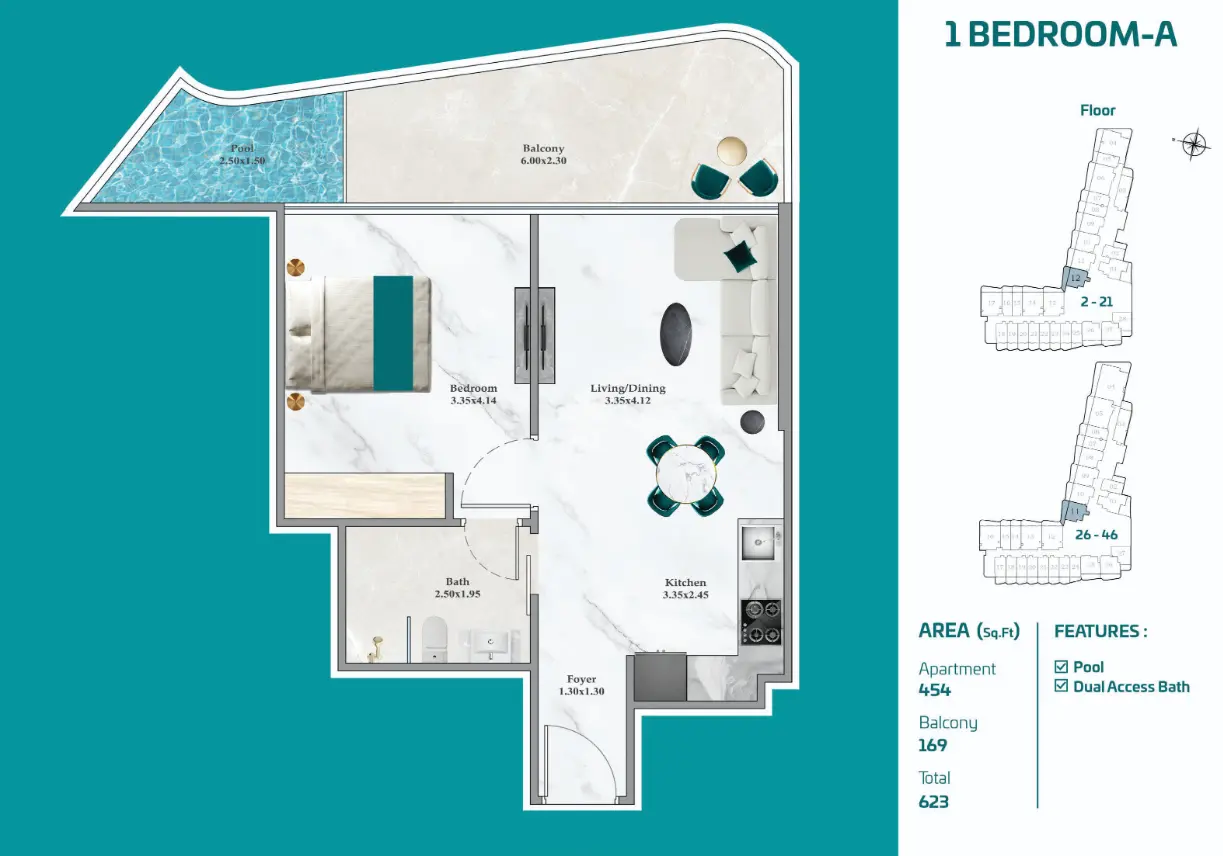 Breez 1 Bedroom A apartment plan, 623 sq ft with private pool, on floors 2 to 21 and 26 to 46