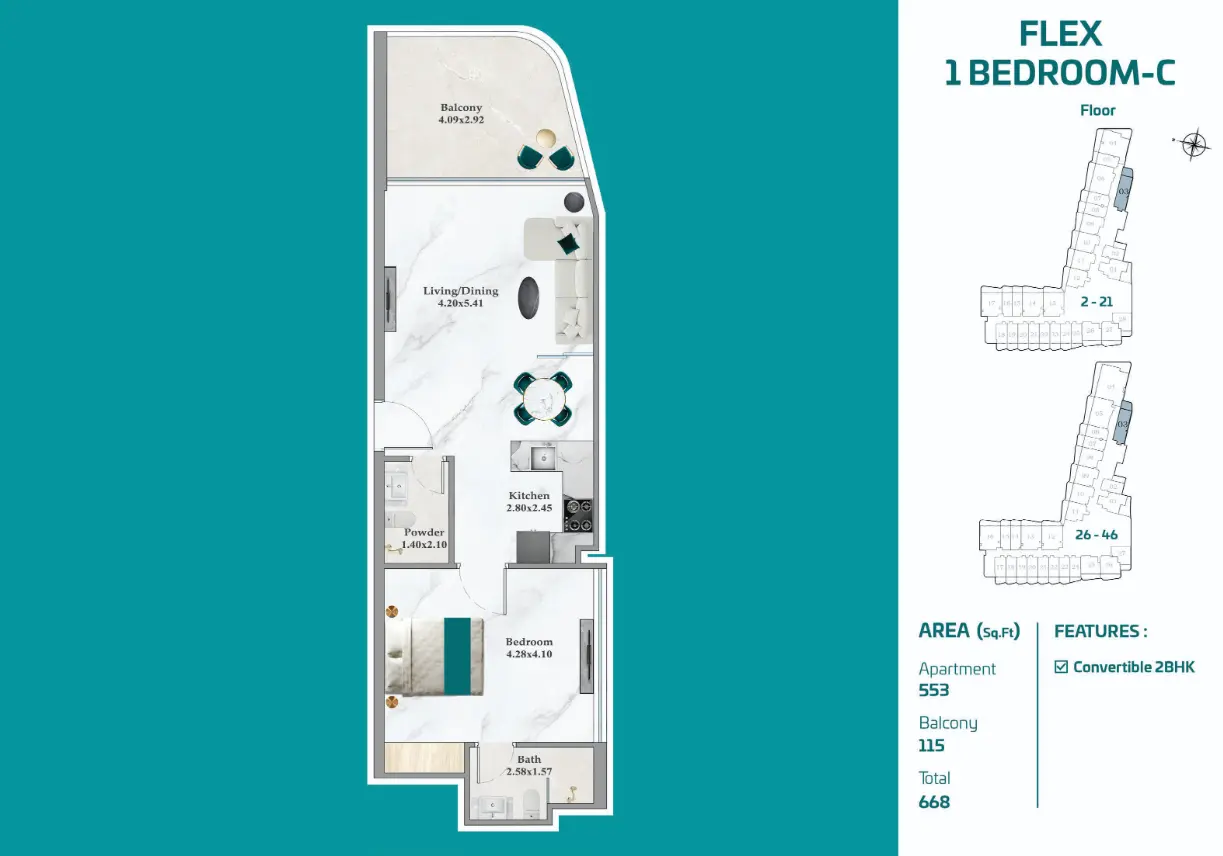 Flex 1 Bedroom C layout at Breez by Danube, 668 sq ft and convertible to two bedrooms