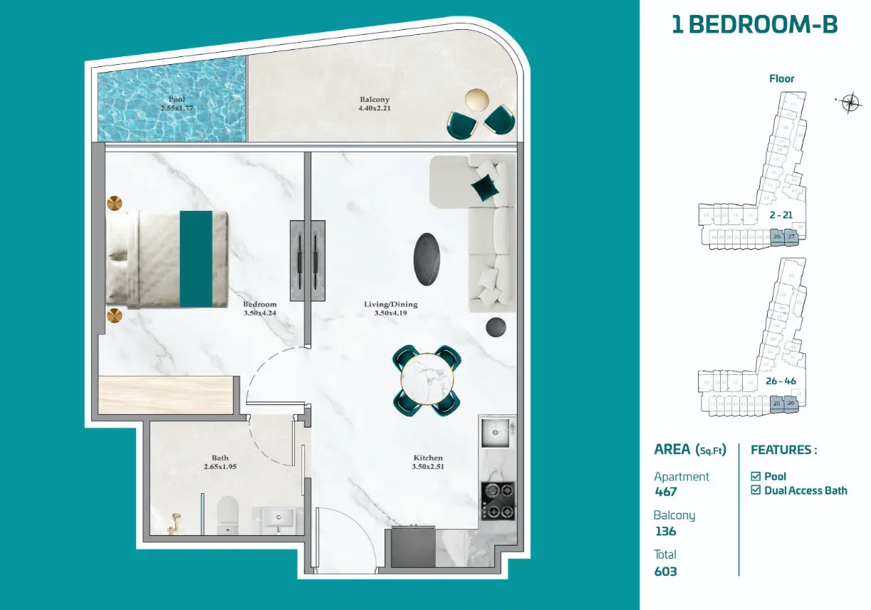 1 Bedroom B at Breez by Danube with a plunge pool on the balcony and dual-access bathroom