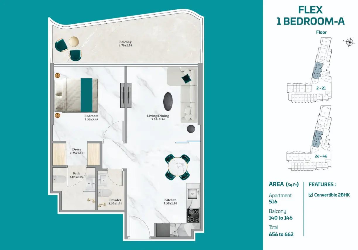 Flex 1 Bedroom A floor plan in Breez, Dubai Maritime City, 656 to 662 sq ft with a large balcony