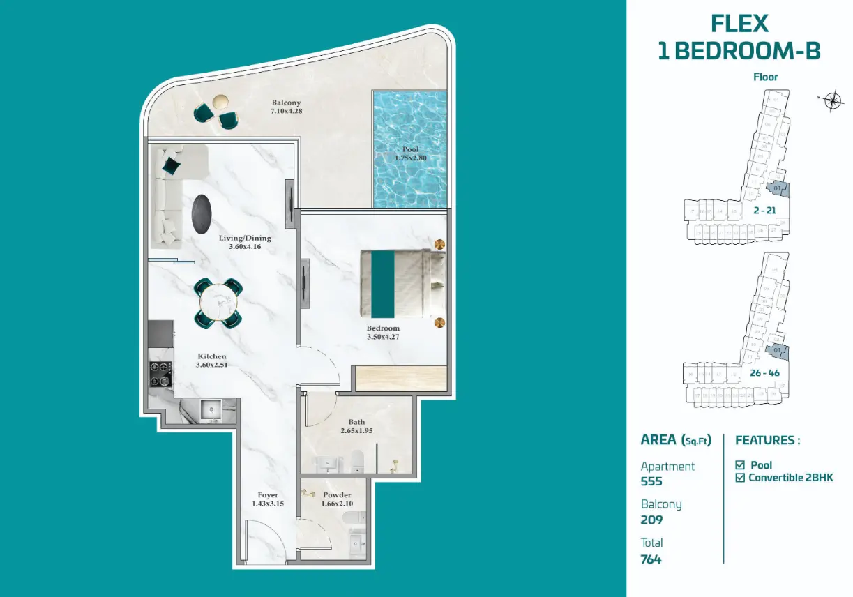 Flex 1 Bedroom B off-plan apartment at Breez with a private pool on a 209 sq ft balcony