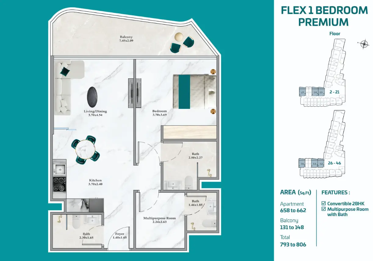 Flex 1 Bedroom Premium apartment plan at Breez with a multipurpose room and second bathroom