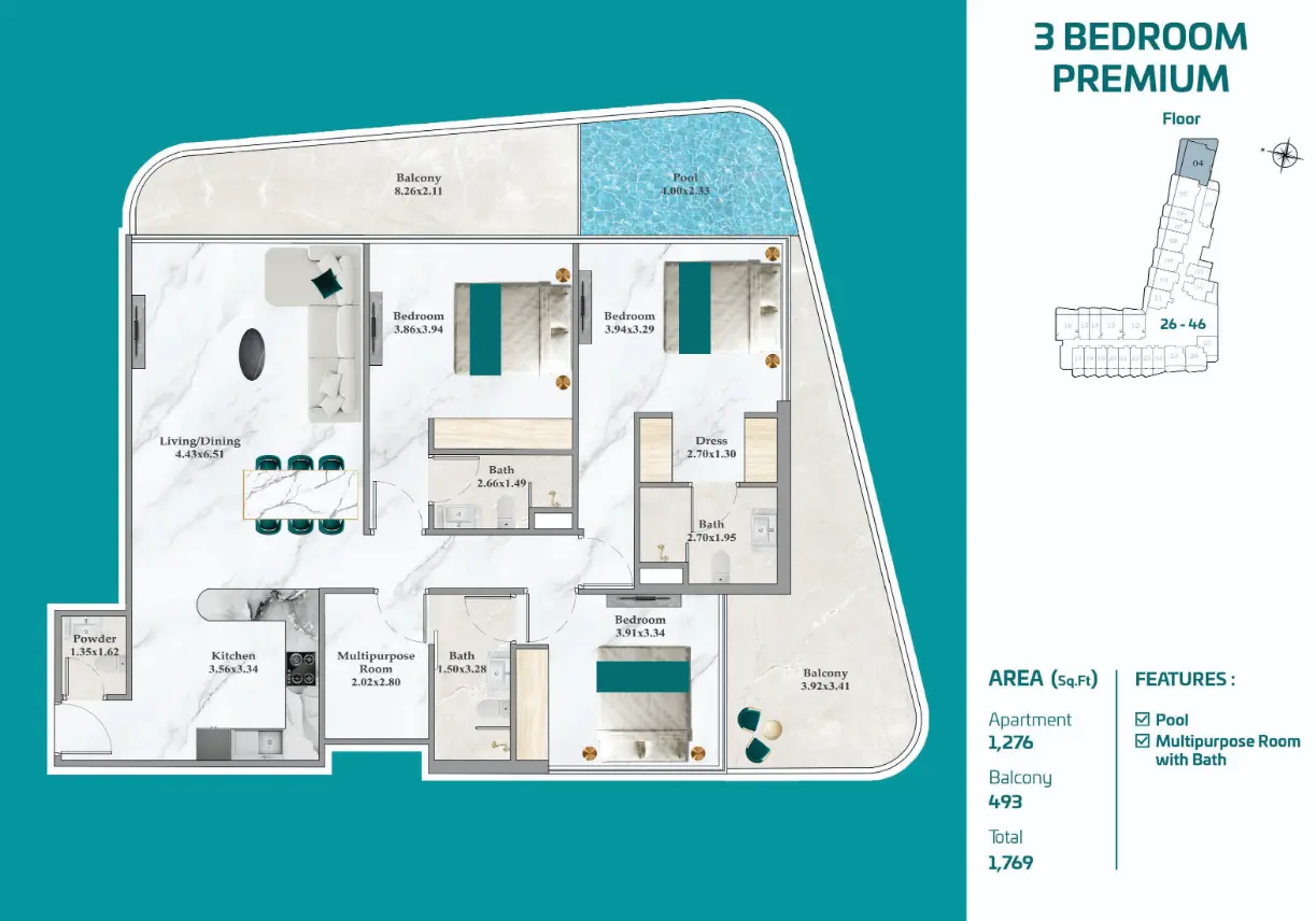 3 Bedroom Premium residence at Breez by Danube, 1,769 sq ft with private pool on floors 26 to 46