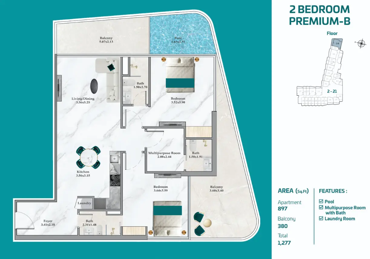 2 Bedroom Premium B floor plan at Breez, 1,277 sq ft with pool, laundry room and 380 sq ft of balconies