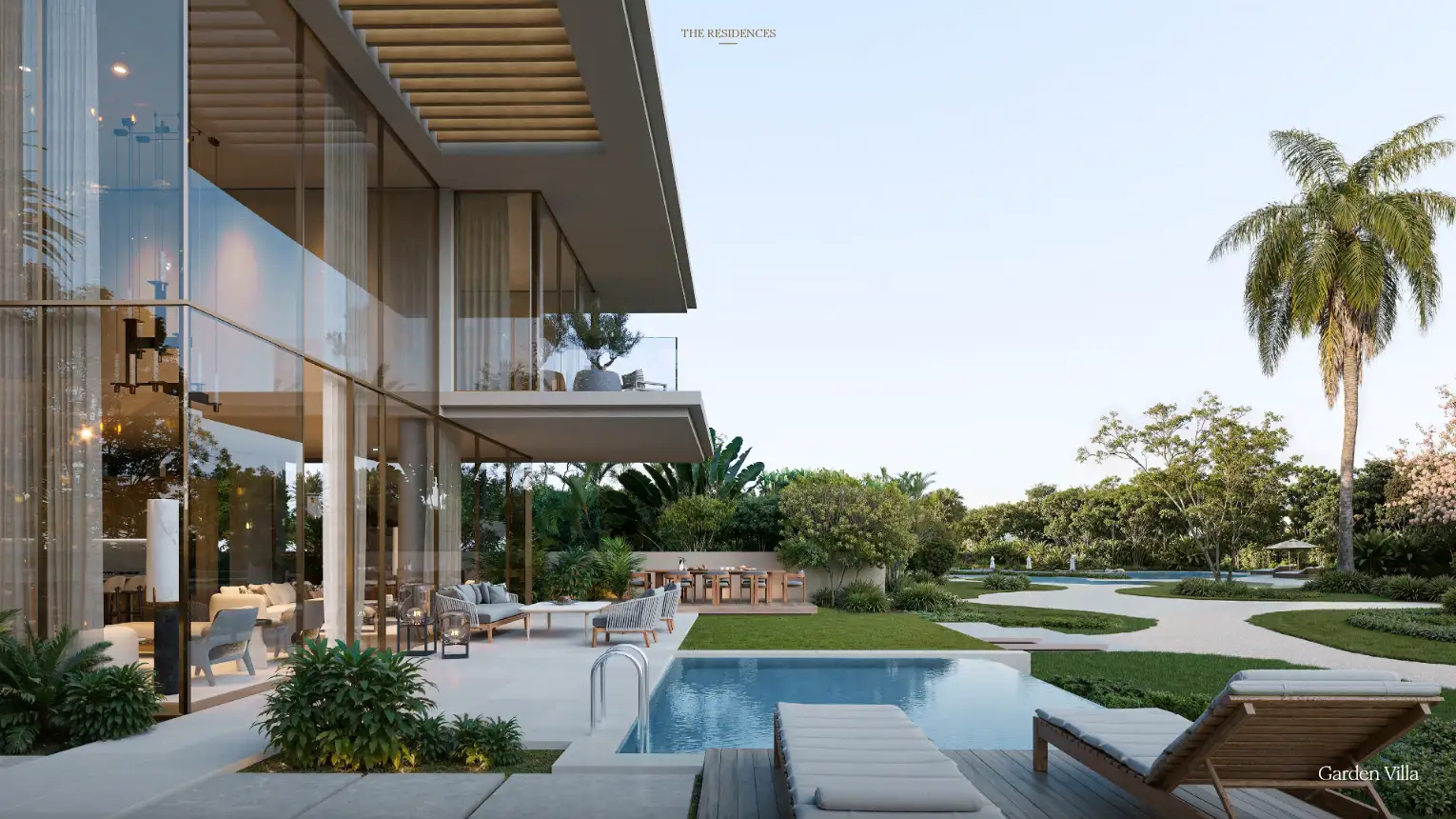 Garden Villa facade with landscaped garden at Bay Estate