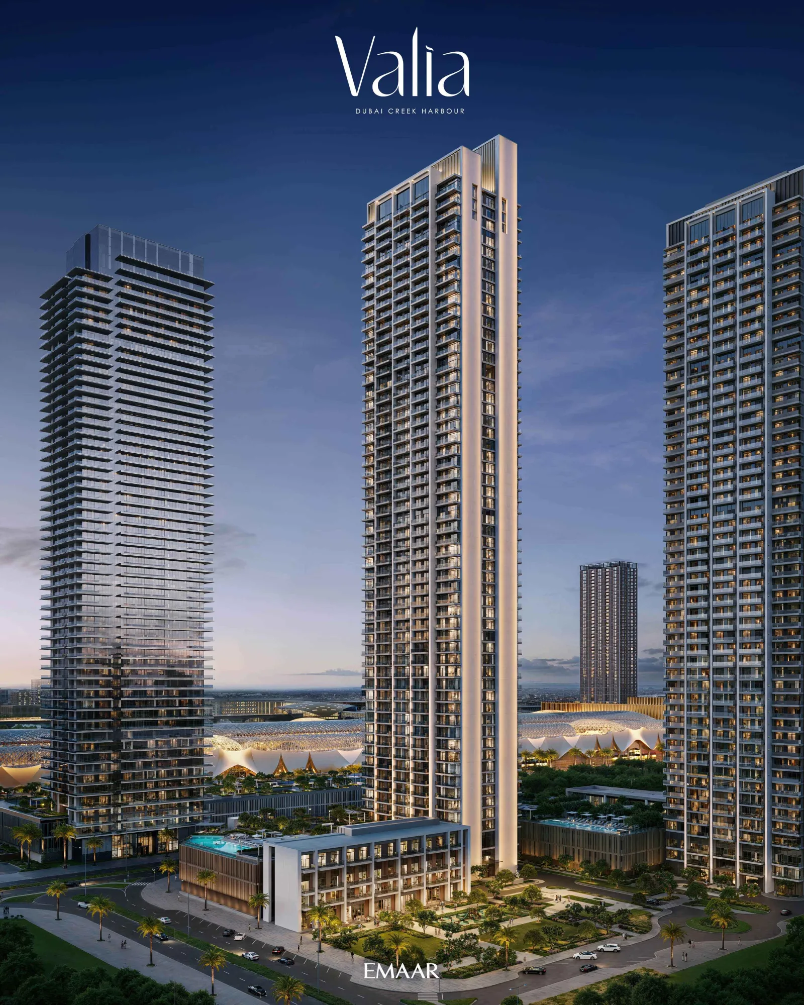 Valia by Emaar — tower exterior at dusk