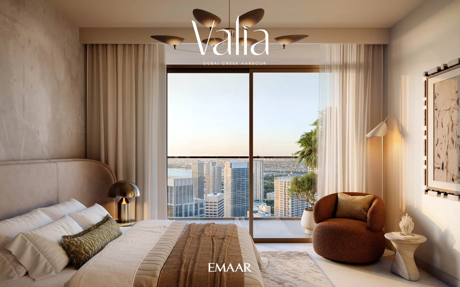 Valia by Emaar — bedroom with Dubai skyline view