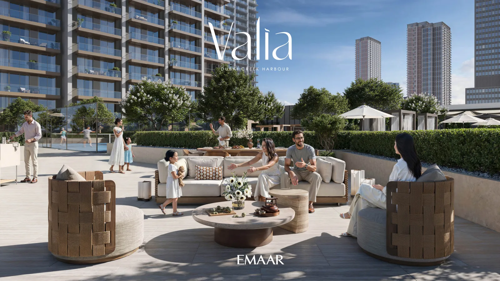 Valia by Emaar — terrace lounge and padel court